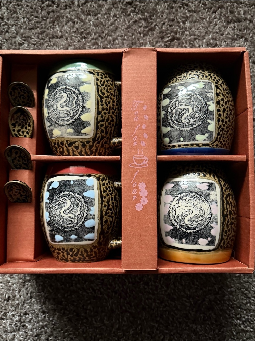 Always Azul Pottery Mug Set Of 4 With Spoons New In Box
